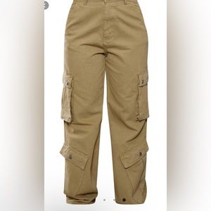 Olive Khaki Button Cargo Pocket Wide Leg Jeans
